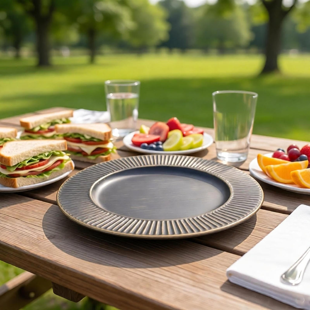 13" Antique Black Charger Plates Set of 6, Rim Ridged Plate Chargers, Round Charger for Dinner Plates, Plastic Table