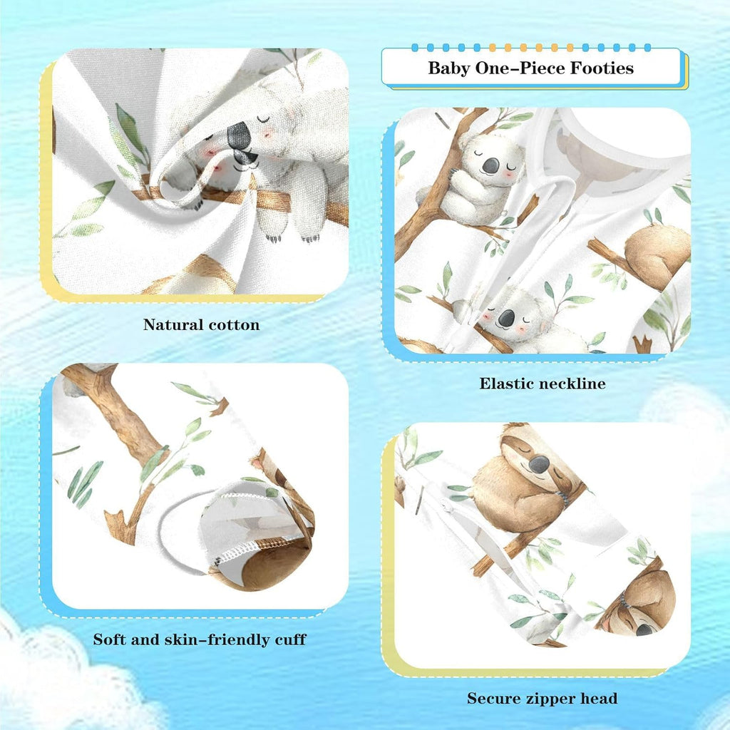 Sloth Koala Baby One-Piece Footies Tropical Leaves Newborn Rompers Pajamas Cotton Footed Pjs for Sleep Play Boys