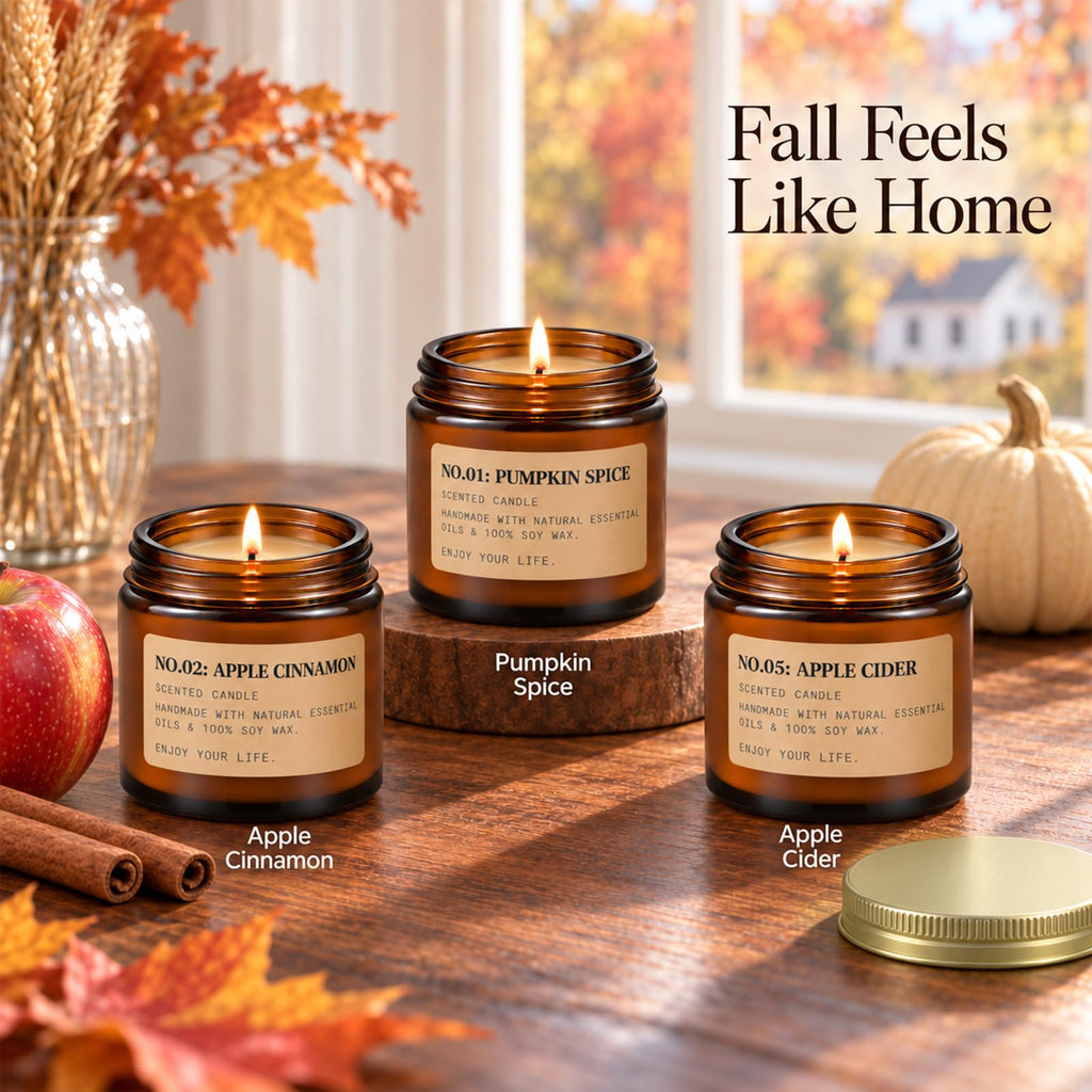 Fall & Winter Scented Candles Gift Set, 6 x 3.5 oz, Apple, Pumpkin & Balsam