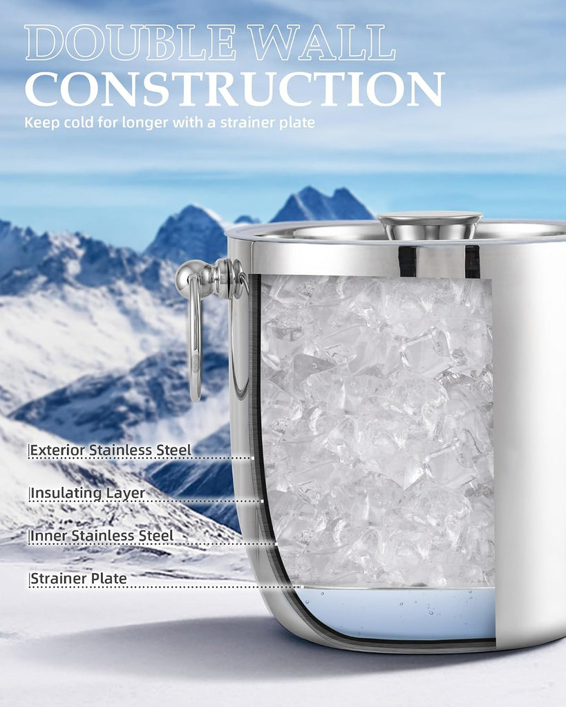 Insulated Ice Bucket, 3L Double Wall Stainless Steel Ice Bucket