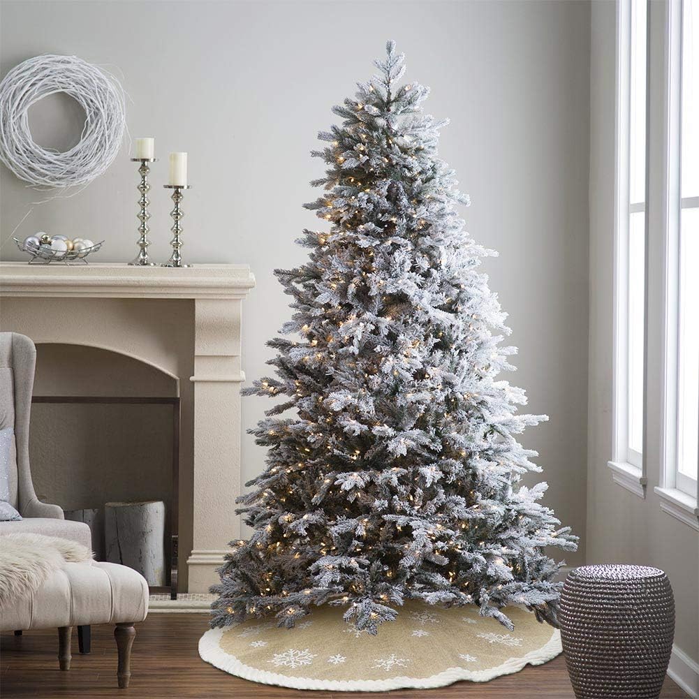 48inch Christmas Tree Skirt with White Snowflake, Burlap Tree Skirt with Fur Sides Farmhouse Christmas Tree Skirts