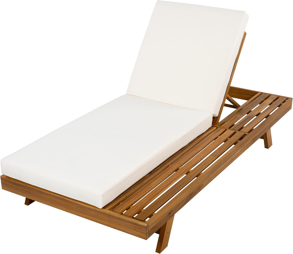Acacia Wood Chaise Lounge with 4'' Cushion, Outdoor 79'' Patio Recliner Chair with 4-Position Adjustable