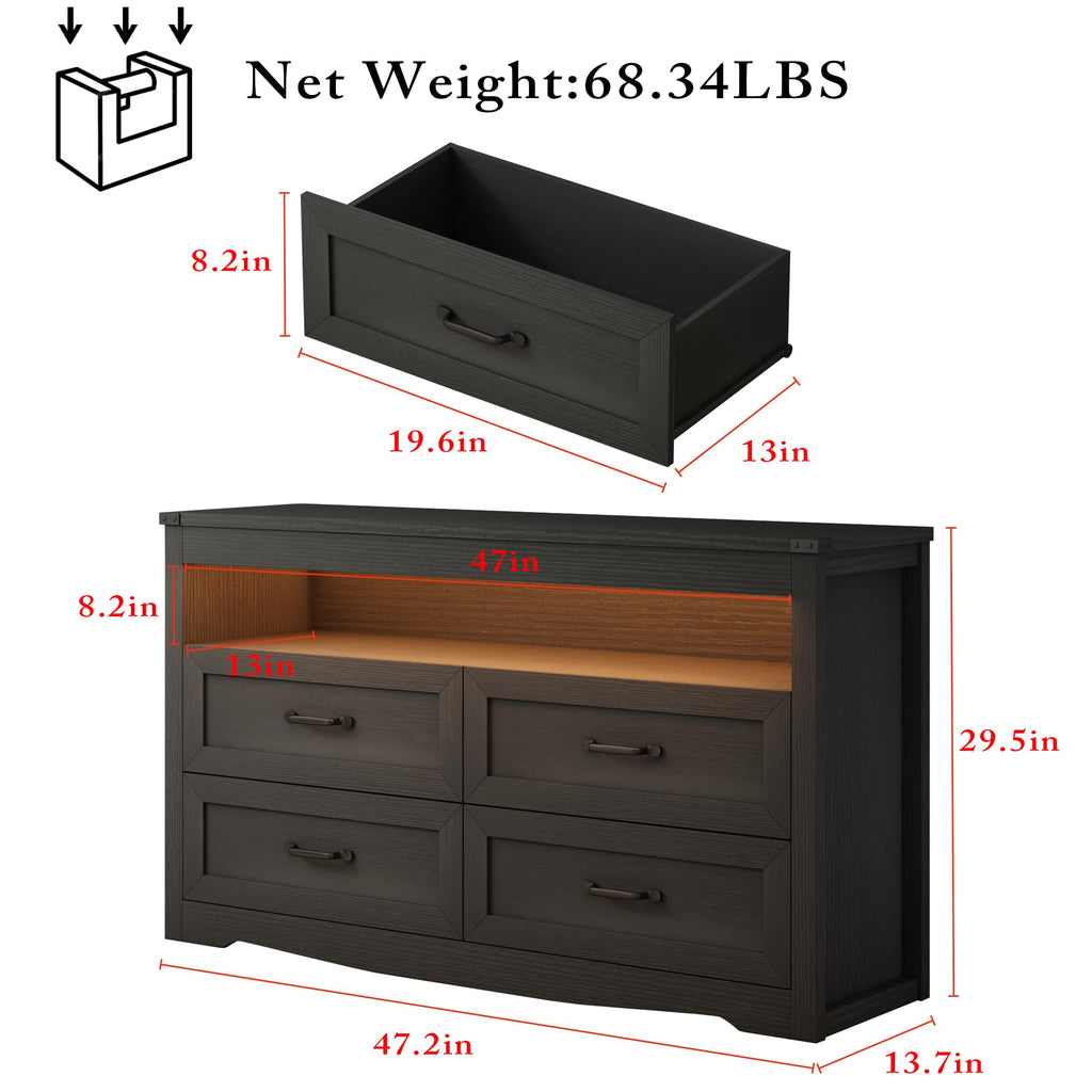 Black Dresser, Wood 4 Drawer Dresser with LED Light, Dressers & Chests of Drawers with Metal Handles, Storage and