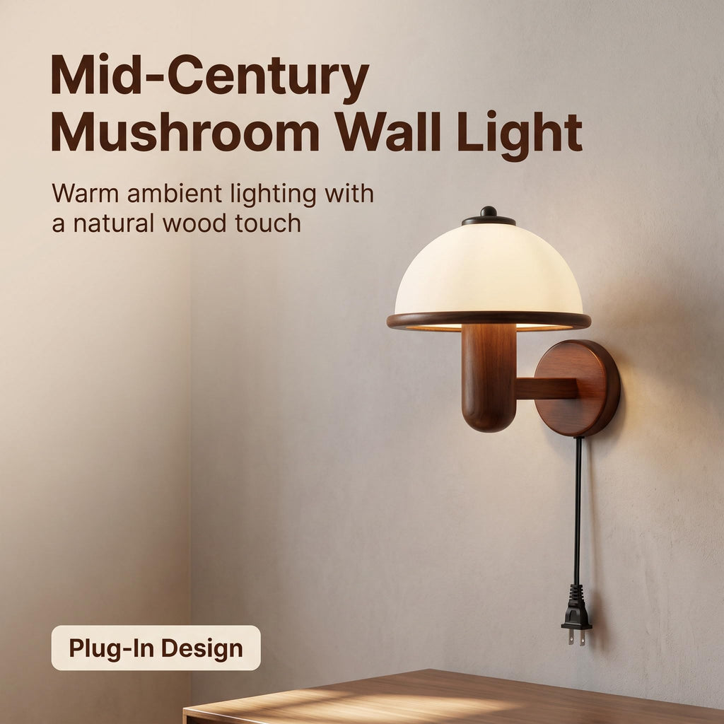 Renter Friendly Plug in Modern Wall Sconce Mid Century with White Milk Shade Rustic Wood Wall Mount Light Hardwired