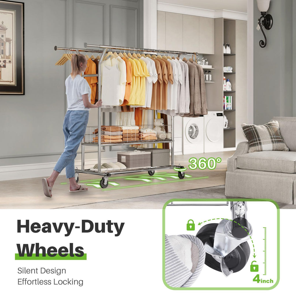 Heavy Duty Clothes Rack Load 635 LBS Height Adjustable Double Rod