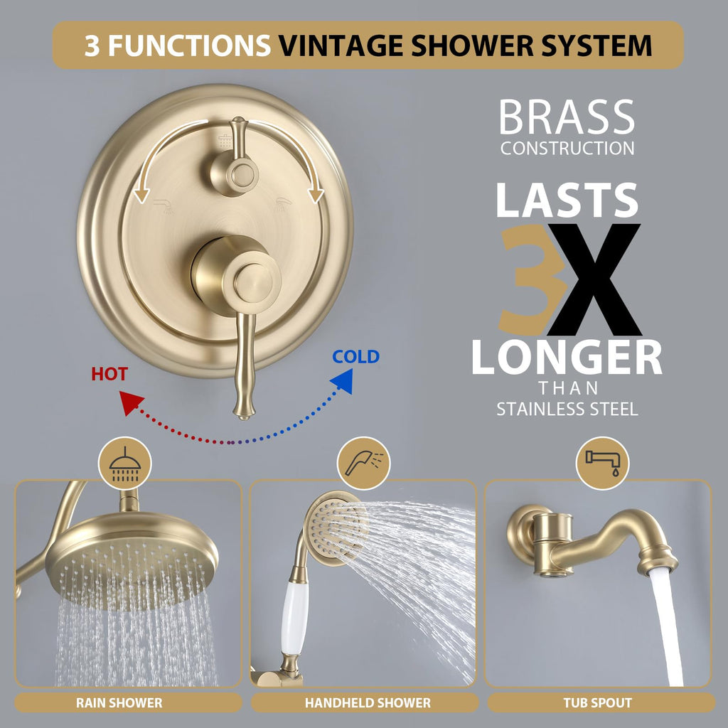 Rainfall Shower System with Handheld Sprayer,Brushed Gold Antique Shower Faucet Sets,Shower Fixture Combo with Brass