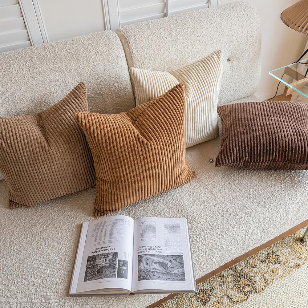 Decorative Corduroy Throw Pillow Covers 20x20 Inch Neutral Brown