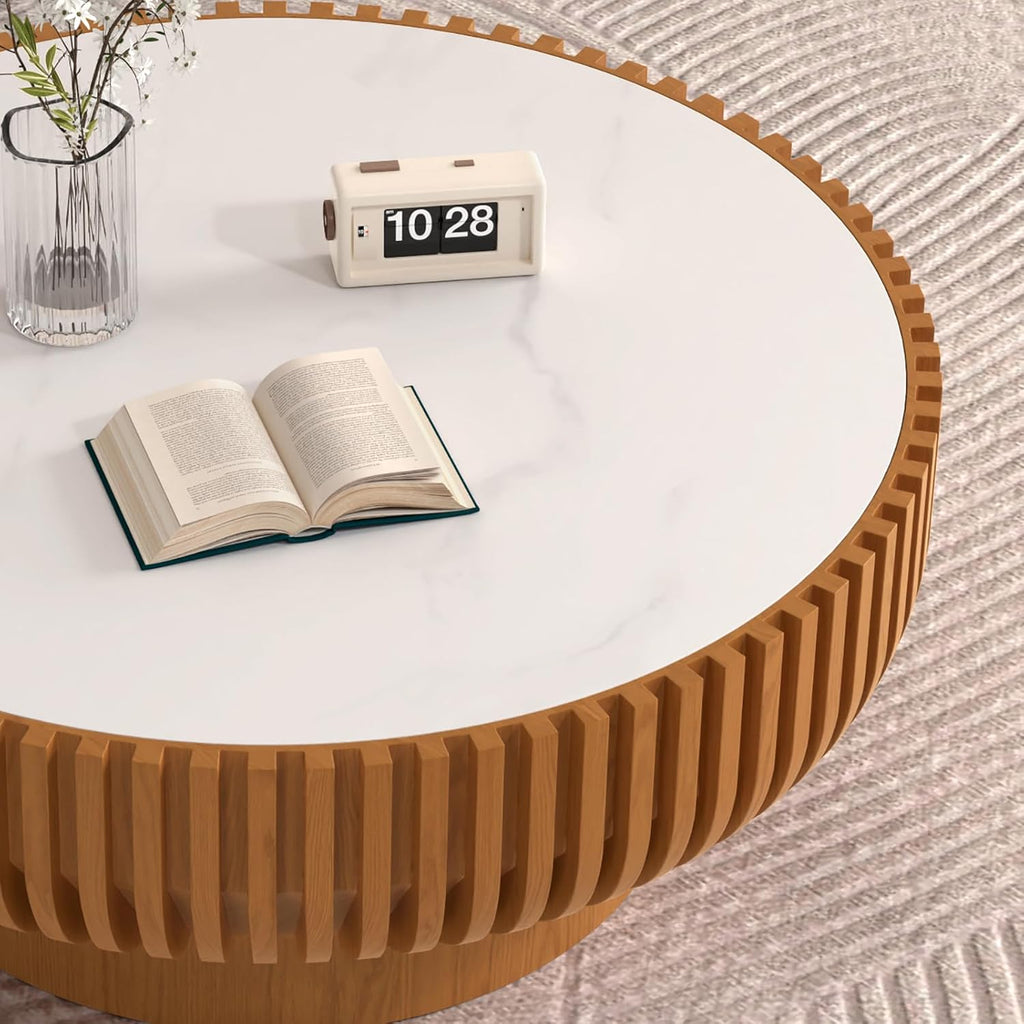 Modern Round Coffee Table, Faux Marble Sintered Stone Drum Table, Contemporary Center Table for Living Room, White Sto