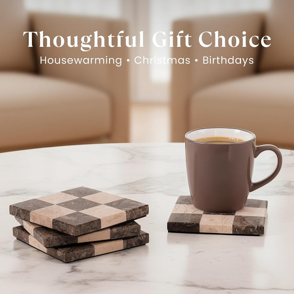Marble Coasters, Oceanic & Verona Handmade 4 inch Square Stone Coaster, Decorative Checkered Cup Coaster - Set of 4