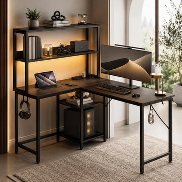 L Shaped Desk Gaming Desk with LED Light & Power Outlet, 43 Inch Reversible Computer Table with Shelf & Storage