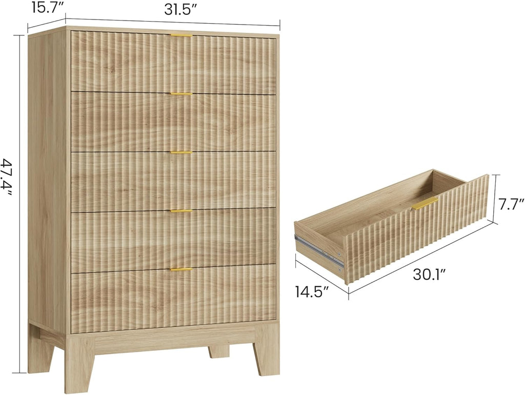 5 Drawer Dresser , Fluted Dresser | Fluted Door, Sturdy Structure, Easy to Clean