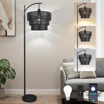 Arc Floor Lamp Bedroom, Mid-Century Modern Floor Lamps with Remote, Black Dimmable Standing Tall Lamp for Corner