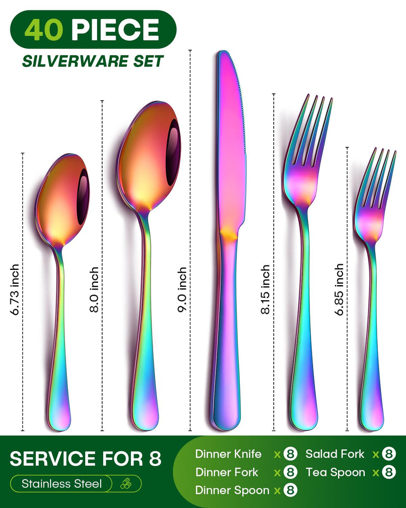 40 Piece Rainbow Silverware Set, Stainless Steel Flatware Set for 8 Colorful Novelty Flatware Cutlery Utensil Set