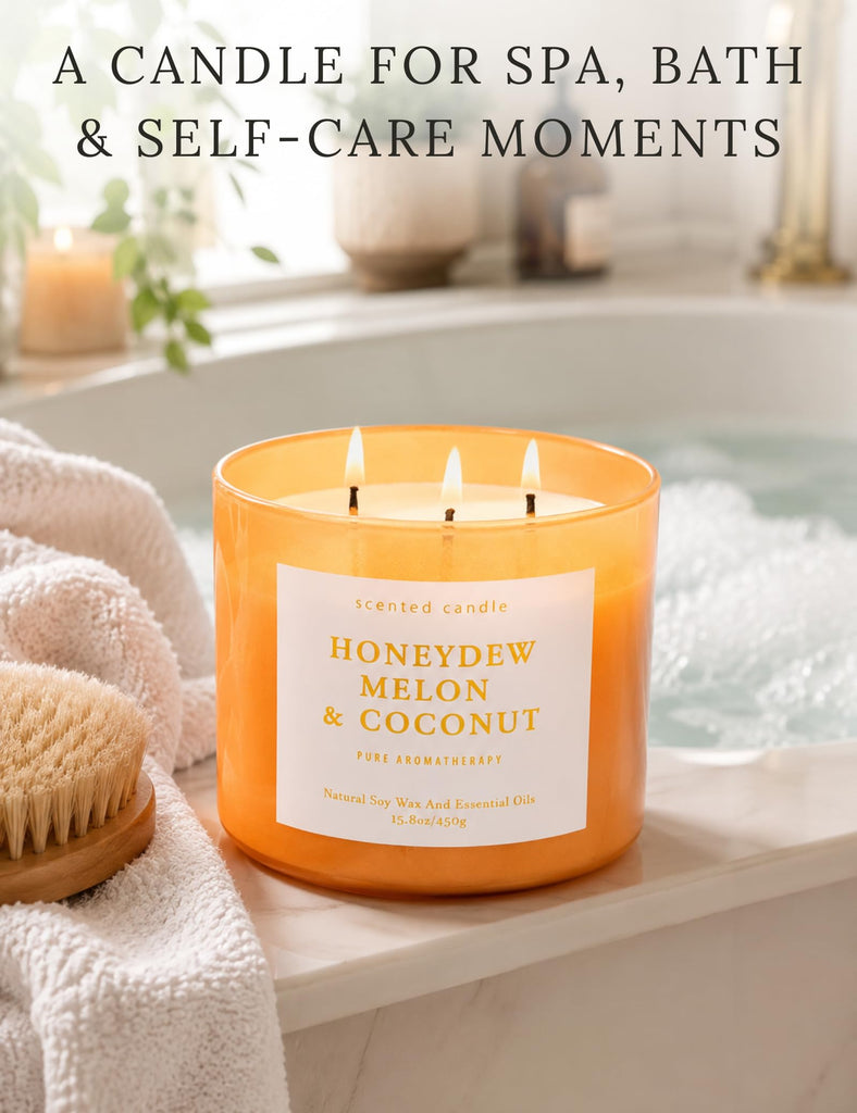Fruity Honeydew Melon Coconut Scented Candle, Large 3 Wick Soy, 15.8 Oz