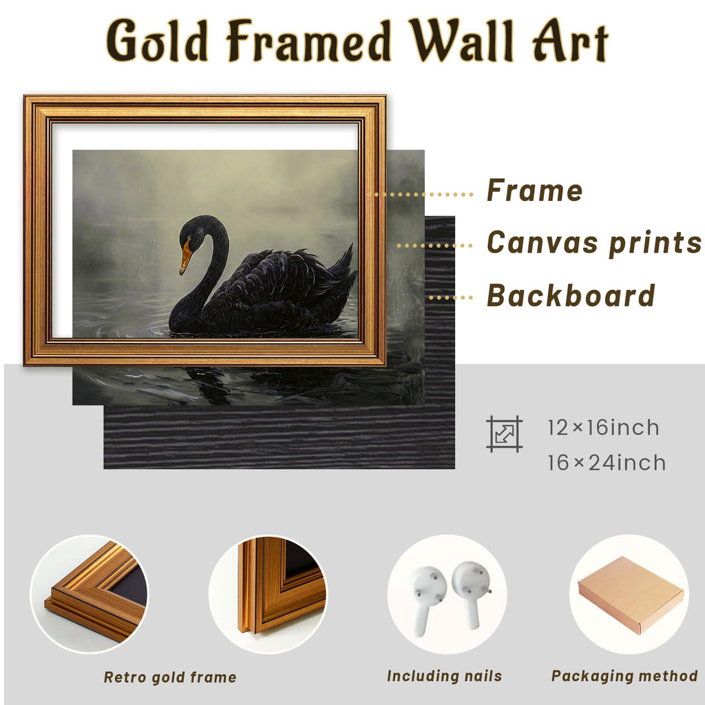 Vintage Gold Framed Wall Art Black Swan Pictures Dark Academia 16x24 Inch