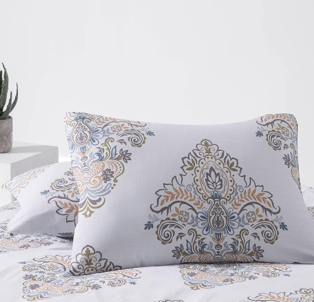 Comforter Twin Size, 600 Thread Count Cotton Yellow & Blue Damask with Taupe Brown Reversible Pattern White Comforter