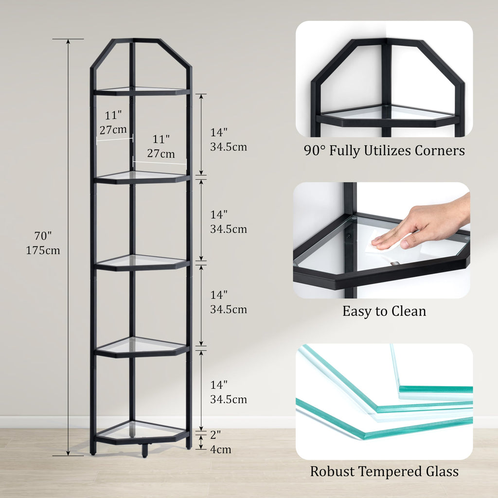 5-Tier Corner Shelf Stand, Black Corner Bookshelf, Bathroom Storage Rack Shelf, Plant Rack, Tempered Glass, Steel