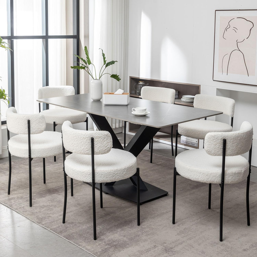 White Boucle Set of 4, Upholstered Dining Room Chairs with Black Metal Legs, Round Modern Dining Chair