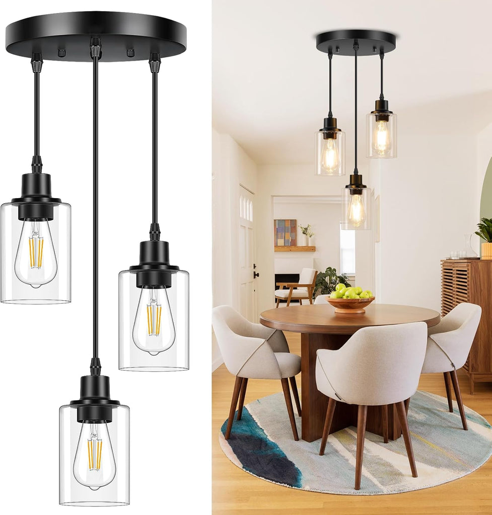 3-Light Pendant Light Fixtures, Black Pendant Lights Kitchen Island, Adjustable Pendant Lighting with Clear Glass