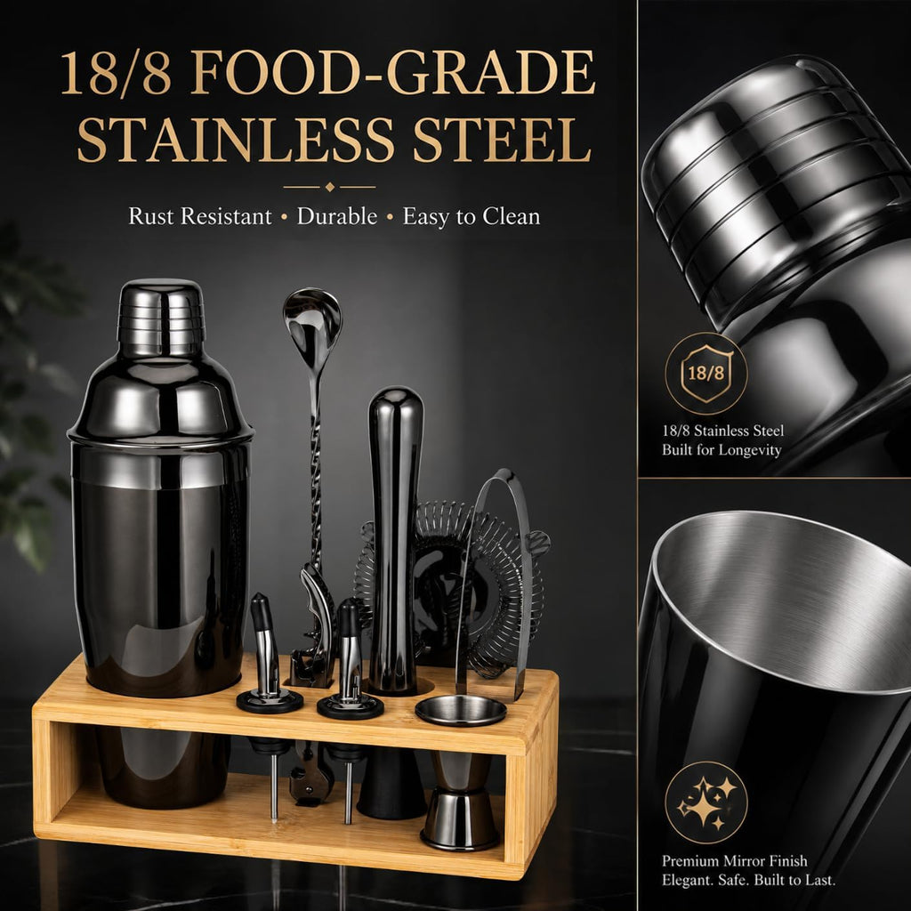 Black Cocktail Shaker Set, Premium 18/8 Stainless Steel Mixology Bartender Kit with Stylish Bamboo Stand 10-Piece Bar