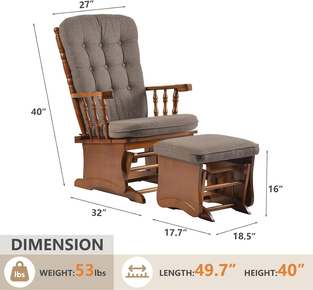Anti-Pinch Glider Chair with Ottoman , Antique Espresso | Solid wood glider rocker with high back cushion, anti-pinch