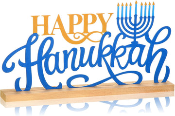 Metal Happy Hanukkah Table Decoration Sign with Wooden Base