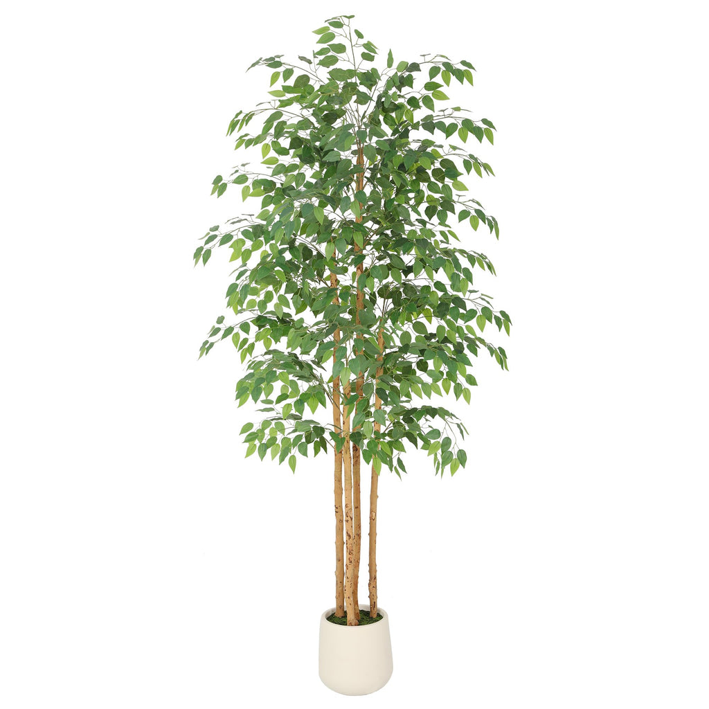 7ft Artificial Ficus Tree with White Decorative Planter & Multiple Real Wood Trunks, 84in Fake Ficus Tree with