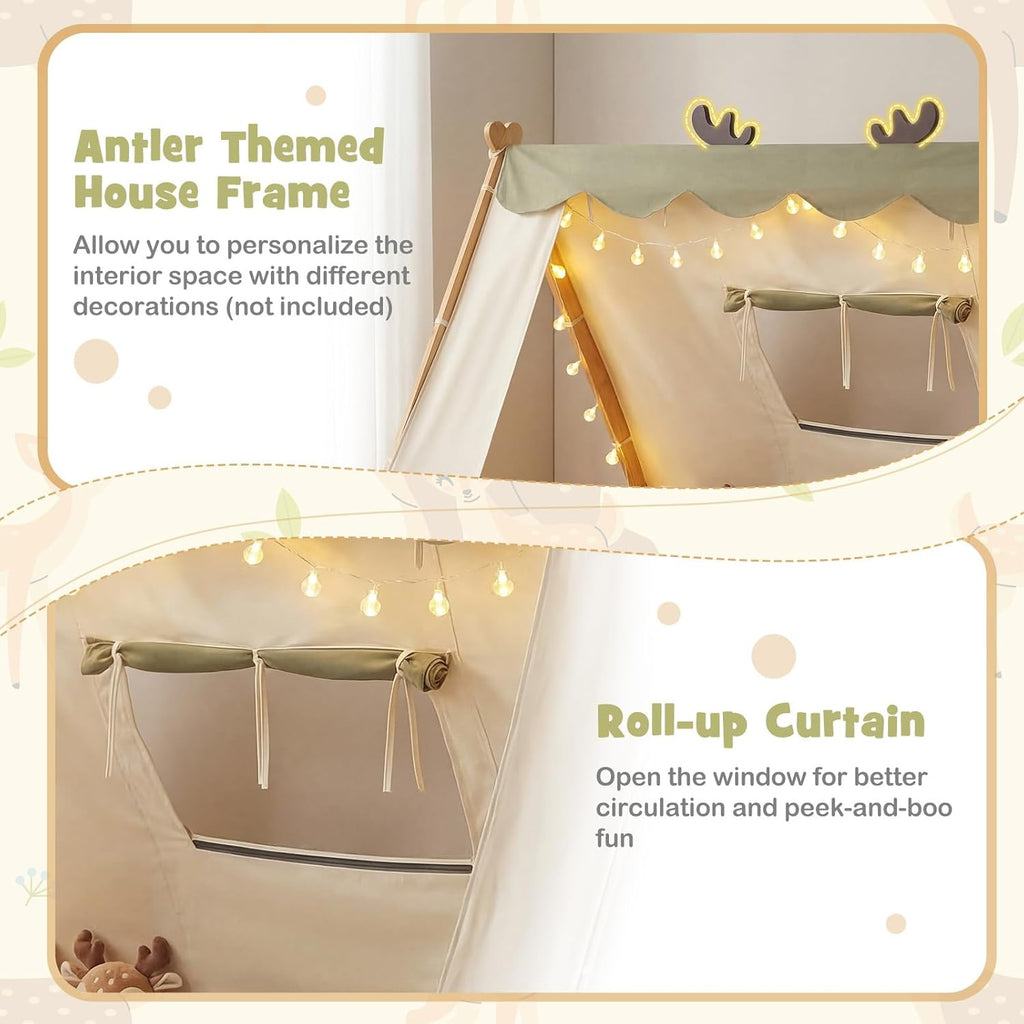 Twin Bed Frames for Kids, Wooden House Antlers-Shaped Floor Bed | Montessori Kids Bed w/Tent, Window, Fence Guard