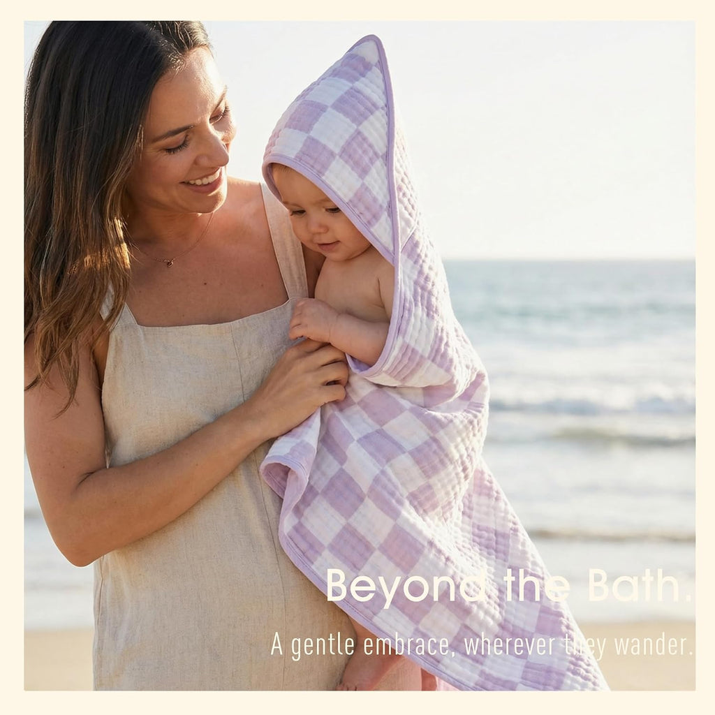 Muslin Baby Bath Towels Set Organic Cotton Blend (Purple Check)