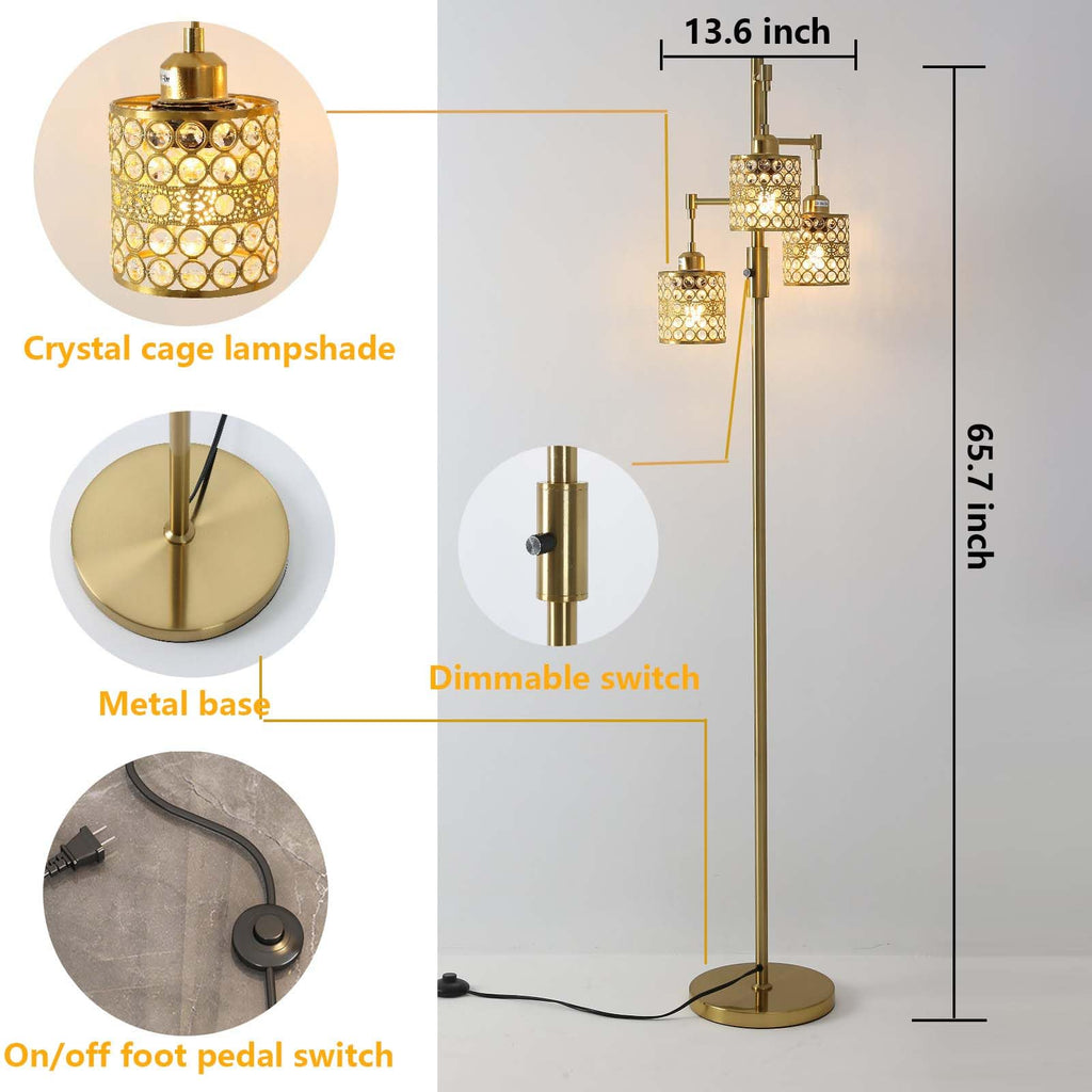 Industrial Floor Lamp, Dimmable Floor Lamp, Gold Tree Lamp Standing Lamp Tall Pole Lamps with 3 Elegant Crystal