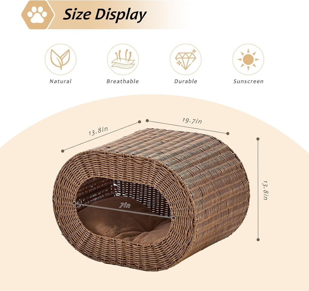 Cat House, Handwoven Cat Cave Pet Cube, Rattan Cat Beds Indoor Kitten House with Double-Sided Soft Cushions, Pet Cat