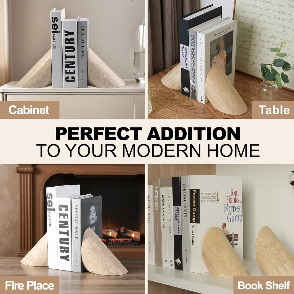 Natural Marble Bookends for Shelves, Travertine Decorative Book Ends for Heavy Books, Heavy Duty Stone Book Holders