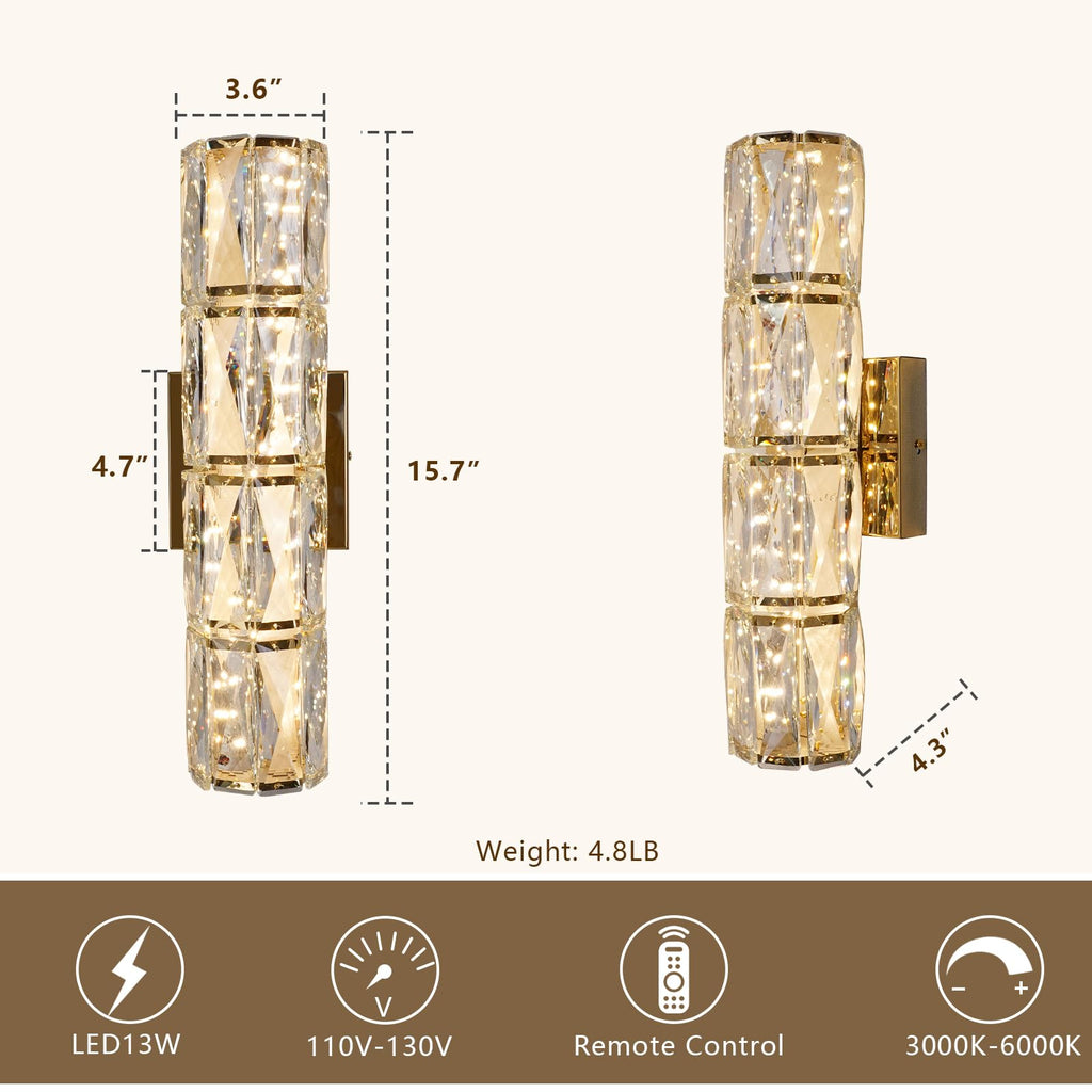 Gold Crystal Wall Sconce, Modern Dimmable LED Indoor Wall Light Fixtures with Remote, Elegant K9 Crystal Bathroom