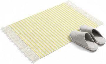 Minimalist Lemon Yellow Striped Runner Rug with Tassel Modern Art Vertical Line Print Entryway Rugs Washable