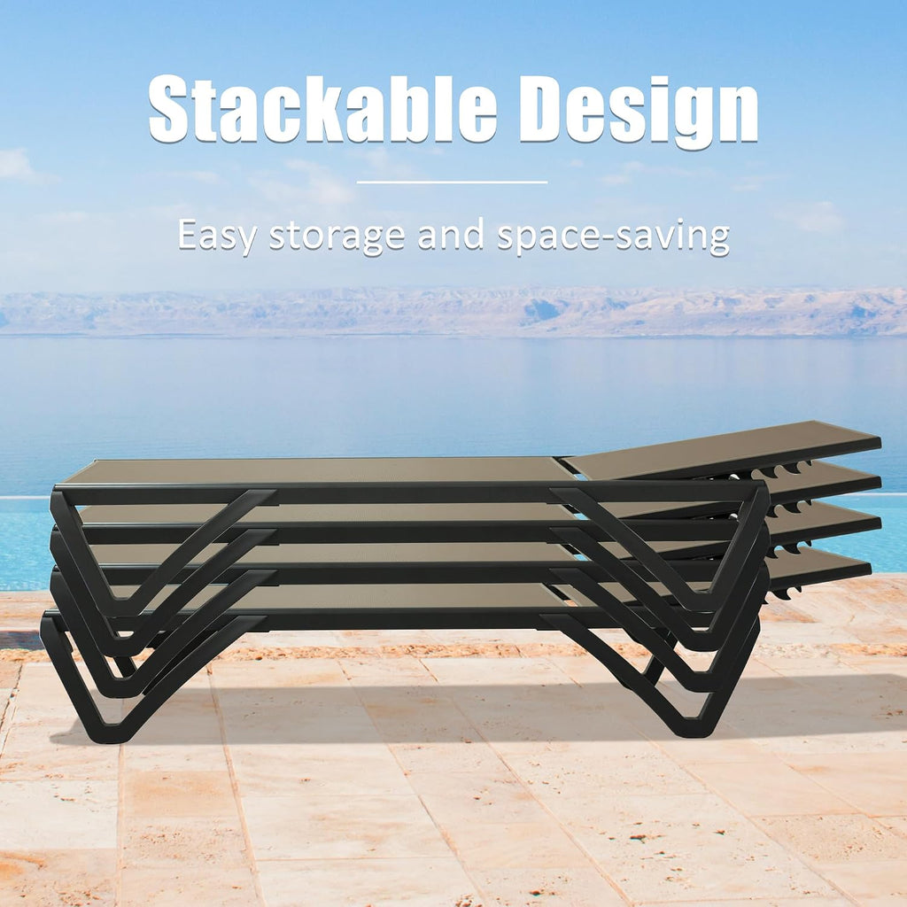 Pool Lounge Chairs Set of 2, Aluminum Patio Chaise Lounge with Wheels, 5 Position Adjustable, All Weather