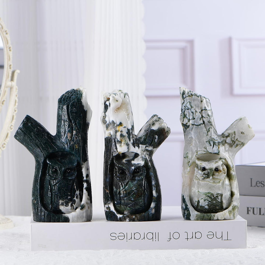 Natural Crystal Hand-Carved Tree Hole Owl Statues Hand Carved Reiki Healing Stone Statue Healing Home Office Art Room