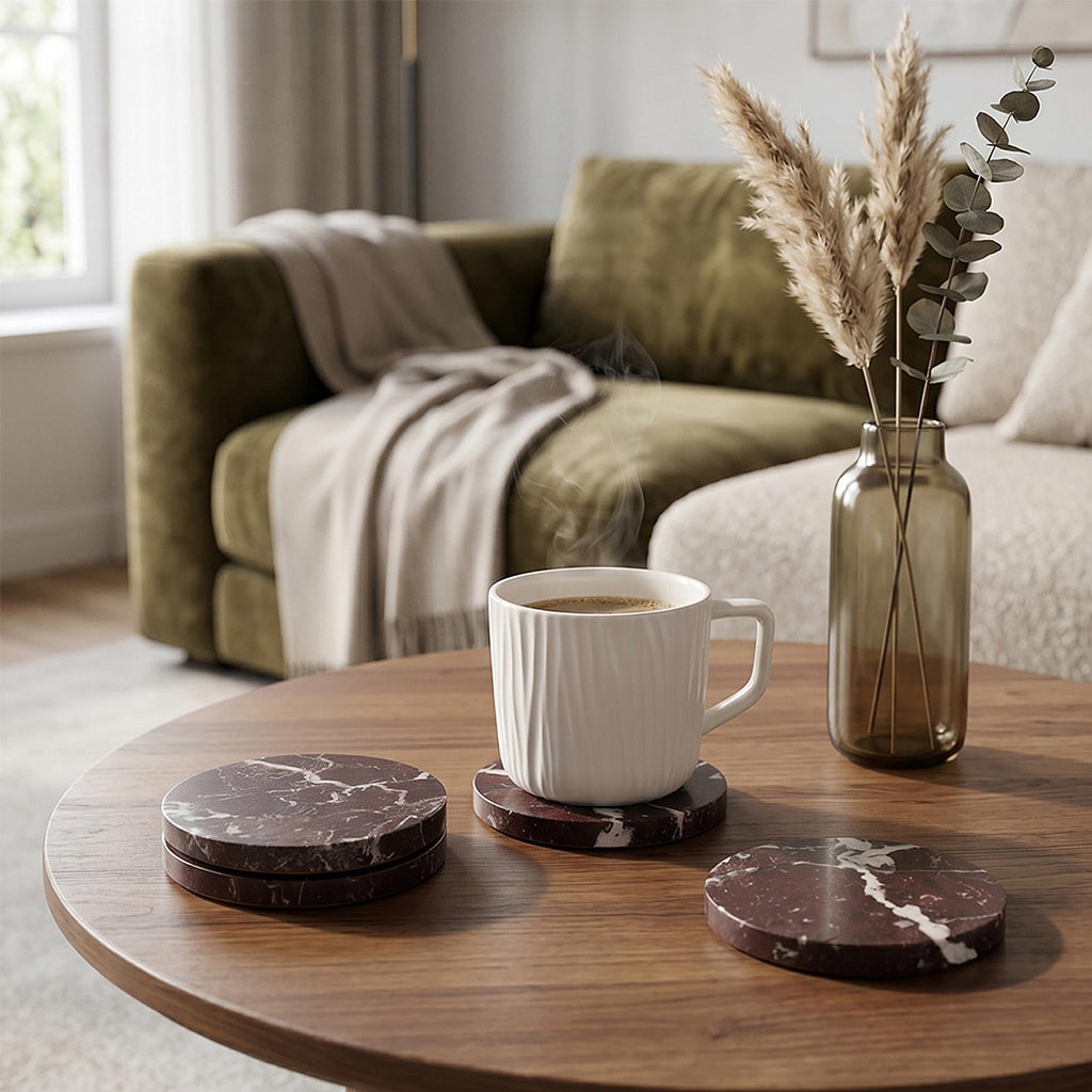 Natural Marble Coasters Set of 4-4" Round Stone Drink Coasters, Non-Slip Cork Backing, Housewarming Gift, Wedding
