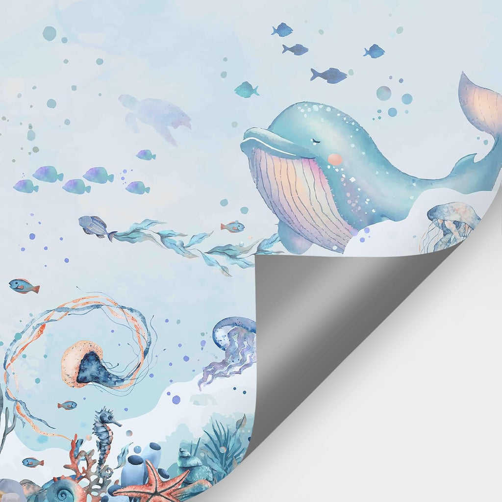 Large Kids Room Blue Ocean Theme Nursery Wallpaper Mural Peel and Stick | 148"W x 110"H Cartoon Undersea World Ocean