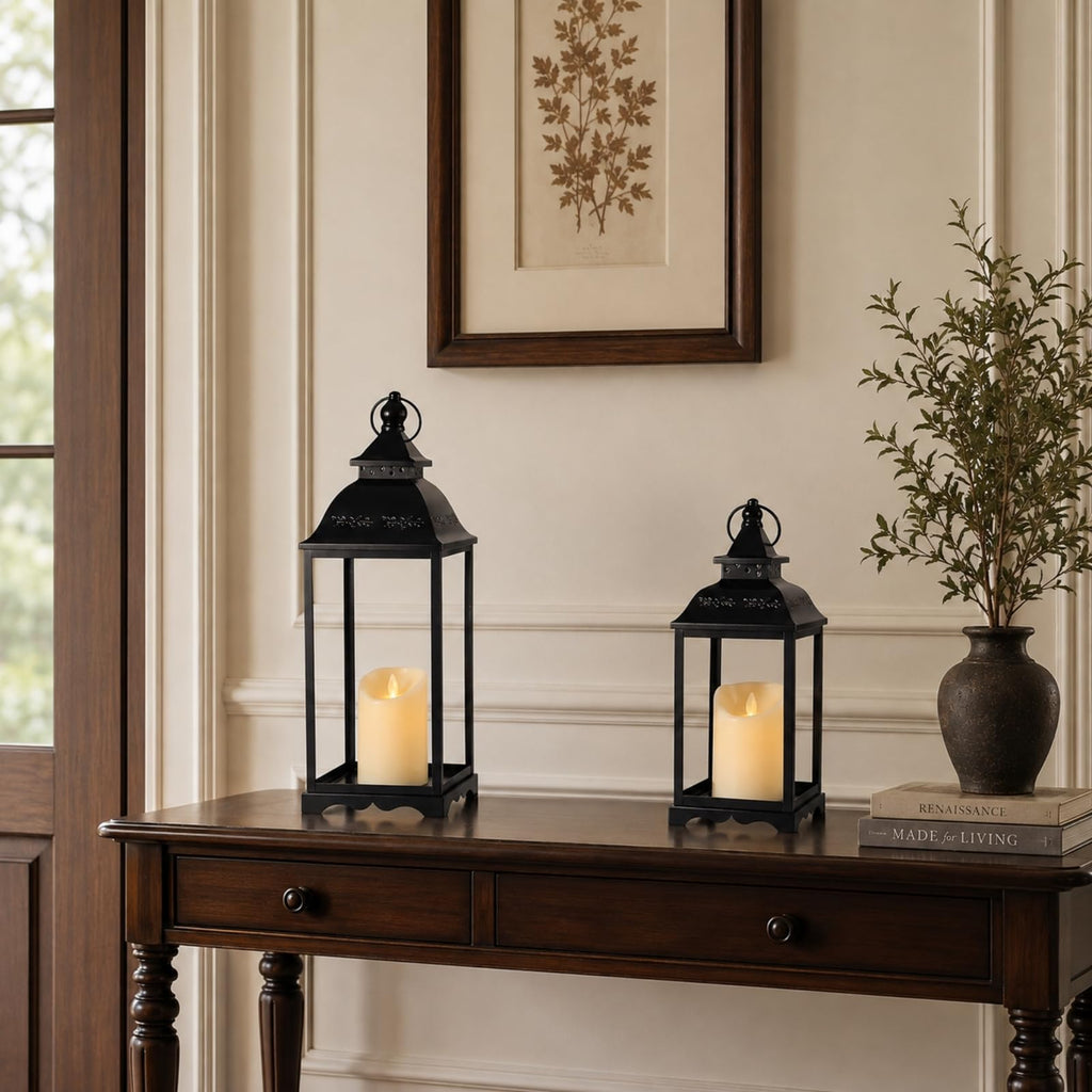 Decorative Metal Lanterns Outdoor Indoor, Set of 2 Black Candle Lanterns