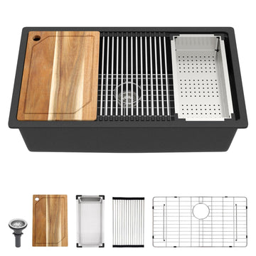 32x19" Black Undermount Kitchen Sink, Granite Composite Workstation