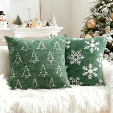 Soft Chenille Christmas Pillow Covers 20x20, Reversible Snowflake & Tree Pattern, Thick & Cozy Farmhouse - Set of 2