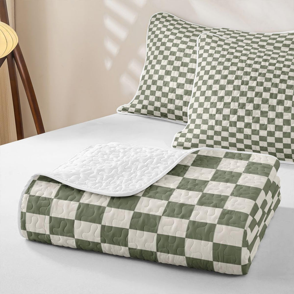 Green Plaid Quilts for Bed, Buffalo Check Bedspreads Soft Bed Summer Lightweight Comforter, Geometric Coverlet