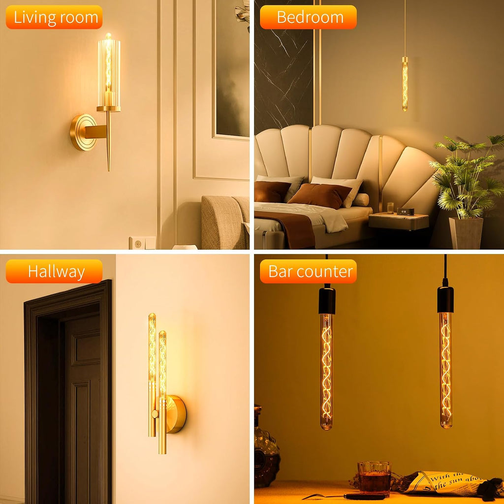 E26 T10 12 Inch Long Tubular LED Edison Bulbs, 6W(60W Eqv) 120V, 2200K Ultra Warm Candlelight, Dimmable, Spiral