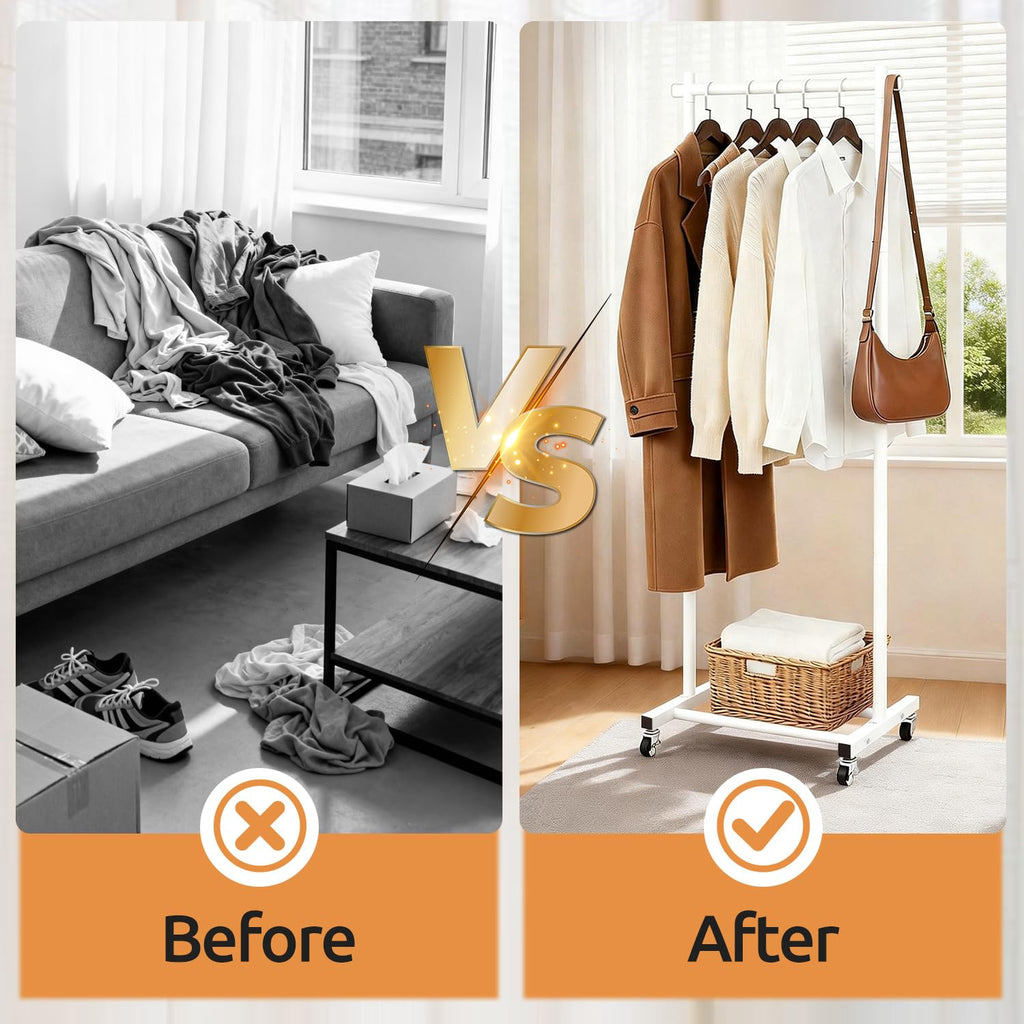 63-Inch White Clothes Rack with Shoe Shelf and Side Hooks