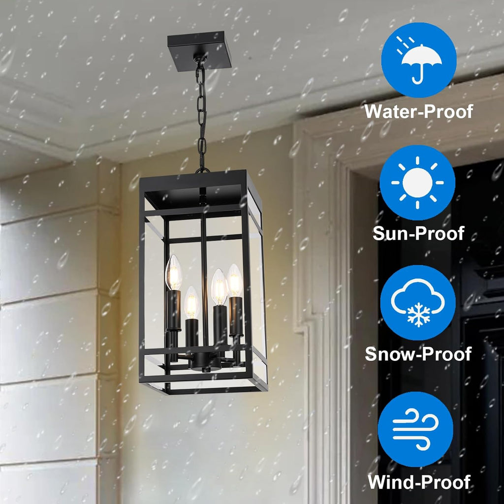 4-Lights Large Outdoor Pendant Light, Matte Black Exterior Hanging Lantern with Clear Glass