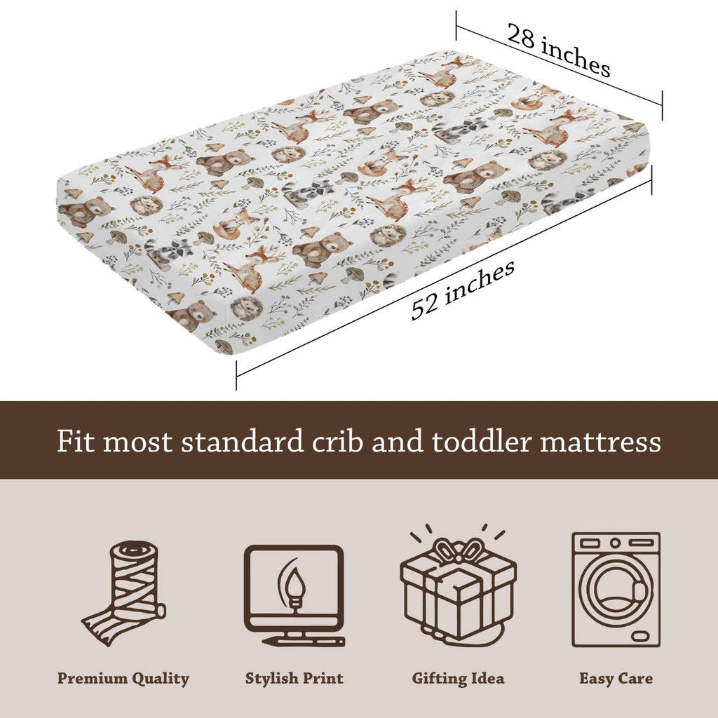 Cute Forest Animals Leaves Mushroom Pattern Baby Sheets for Crib, Unisex Bear Deer Raccoon Hedgehog Nursery Fitted