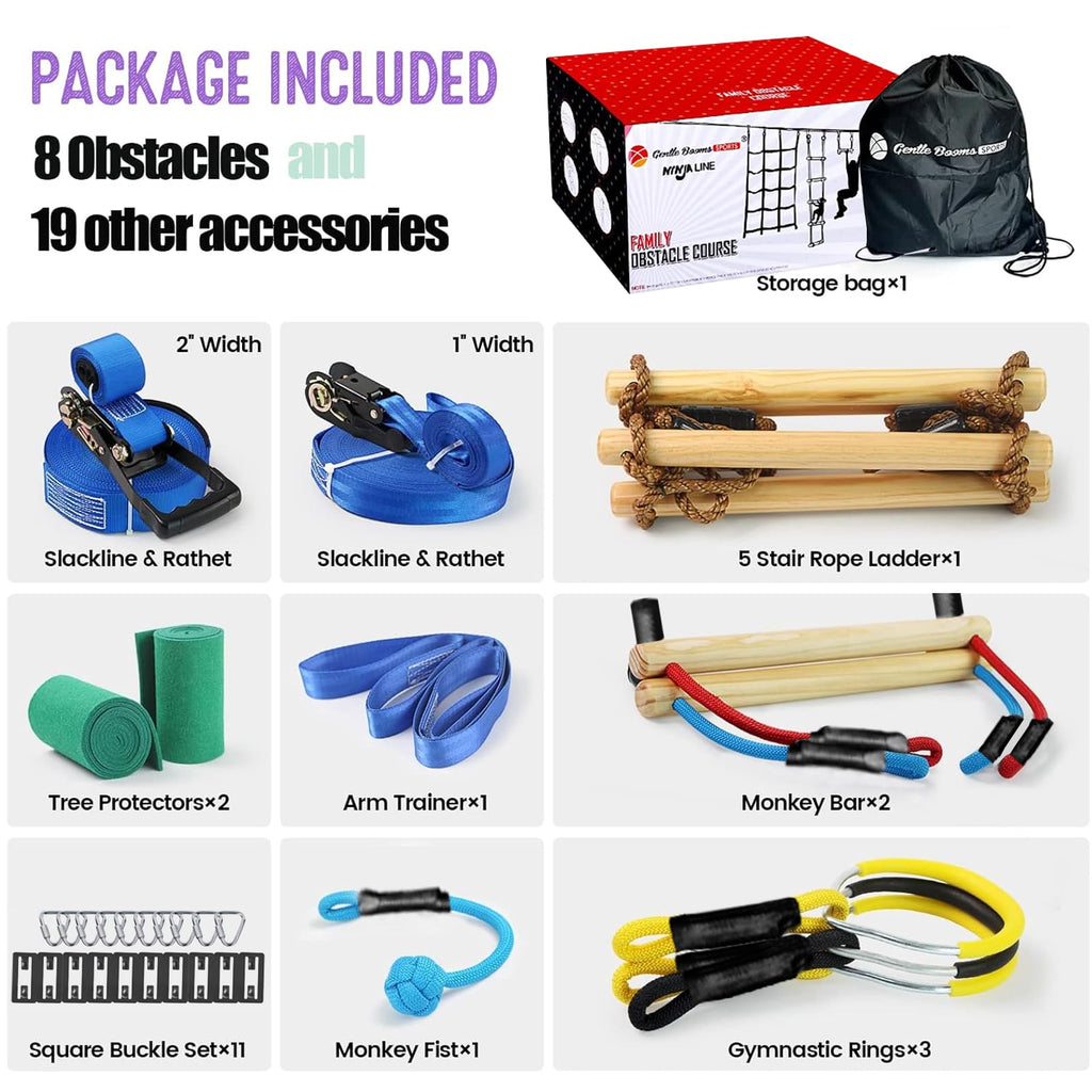 Warrior Obstacle Course for Kids, 2×56ft Slackline Kit with 8 Ninja Accessories+Fast-Setup Buckles- Monkey Bar, Rope