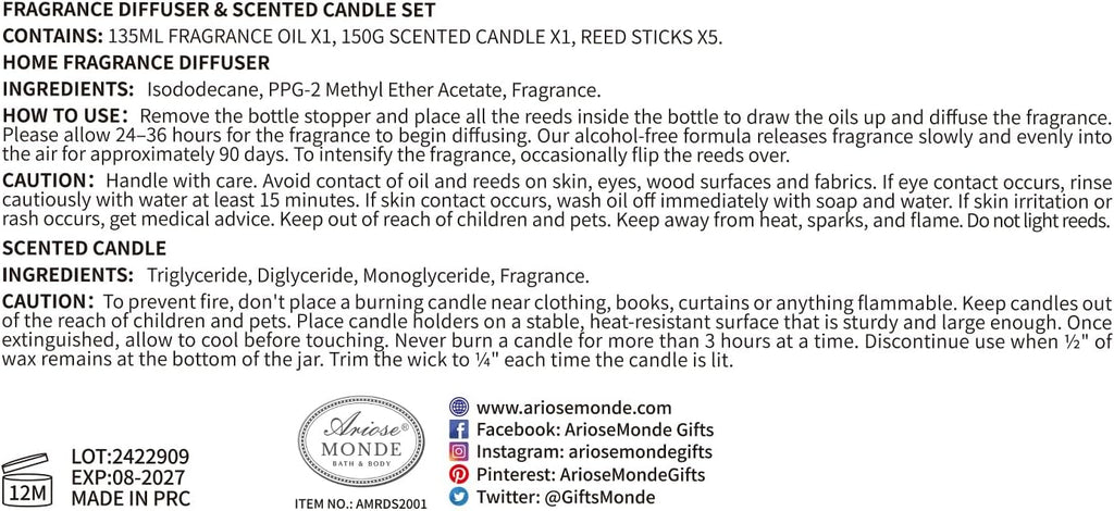 Reed Diffuser & Candle Gift Set, Lemon Oil Diffuser Decor