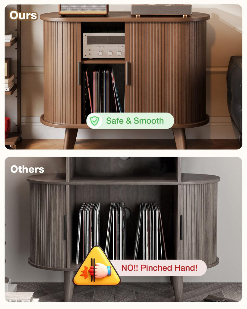 Record Player Stand, Midcentury Modern Furniture Turntable Stand with Sliding Doors, Audio-Video Shelving Cabinet
