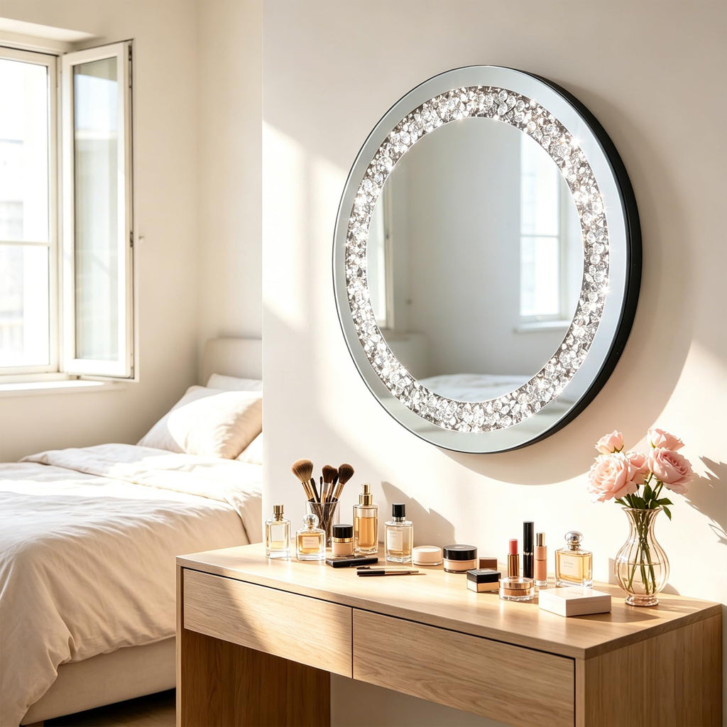 28x28in Crystal Crushed Diamond Decor Mirror, Round Wall Mirror, Silver Mirror, Home Decoration Hanging Mirror